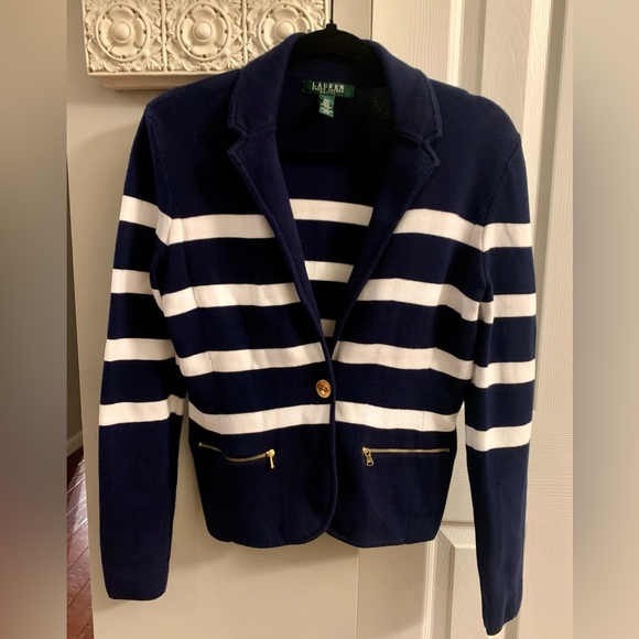 Lauren Ralph Lauren Sweaters - Lauren Ralph Lauren Navy and White Striped Blazer with Gold Accents